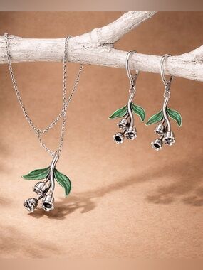 Silver Lily of the Valley Jewelry Set Green Enamel Floral Necklace Earrings Gift
